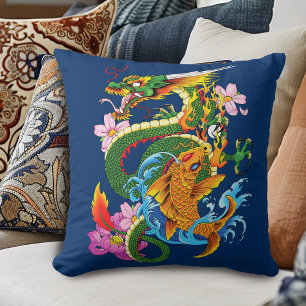 Coussin Dragon chinois vert Koi