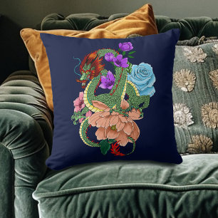 Coussin Dragon Chinois Vert Mystique Floral Bleu Marine