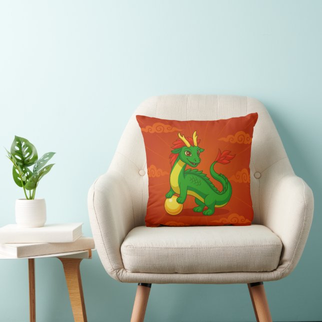 Coussin Dragon Chinois Vert sur Fond Rouge (Chaise)