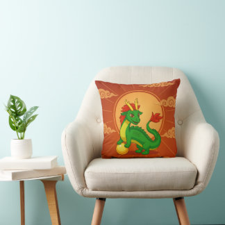 Coussin Dragon Chinois Vert sur Fond Rouge
