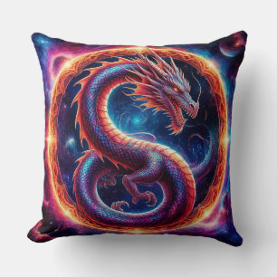 Coussin Dragon Cosmique Ardente Entouré d'un Anneau Célest