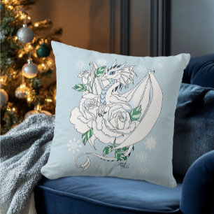 Coussin Dragon de glace élégant blanc Roses bleues Fantais