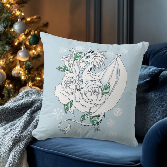 Coussin Dragon de glace élégant blanc Roses bleues Fantais (Créateur téléchargé)