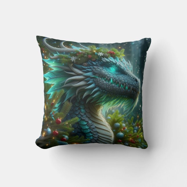 Coussin Dragon de Noël Turquoise Magique (Recto)