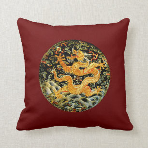 Coussin Dragon d'or brodé par antiquité chinoise de