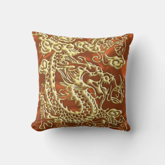 Coussin Dragon d'or embouti sur l'impression satinée orang
