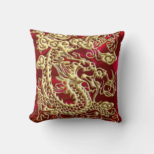 Coussin Dragon d'or embouti sur papier satin rouge