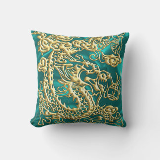 Coussin Dragon d'or incorporé sur impression en satin Turq