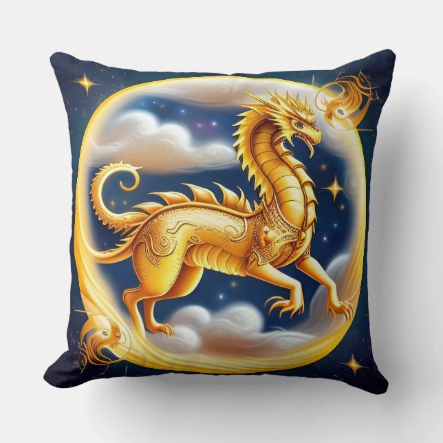 Coussin Dragon Doré dans le Ciel Cosmique (Recto)