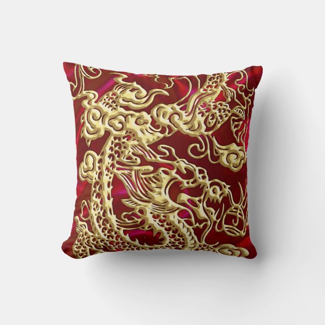 Coussin Dragon en or embouti sur impression de satin rouge (Recto)