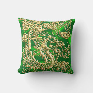 Coussin Dragon en or embouti sur impression de satin vert