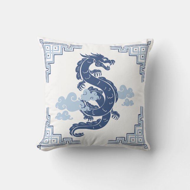 Coussin Dragon et nuages de Chinoiserie bleu ardoise (Recto)