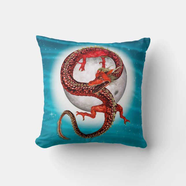 Coussin Dragon Lune Rouge Fantastique Artistique (Recto)