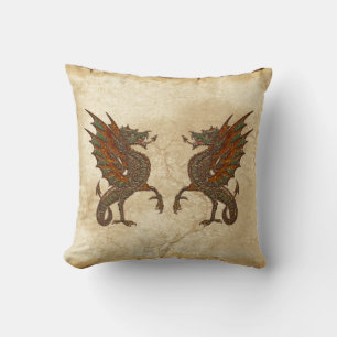 Coussin Dragon vintage du Vieux Monde sur effet Parchemin