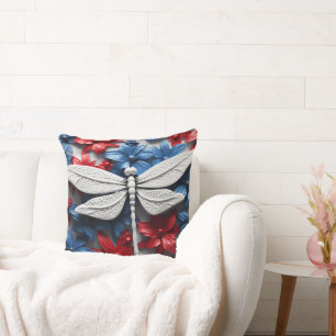 COUSSIN DRAGONFLIES ET FLEURS BLEU BLANC ROUGE PATRIOTIQUE