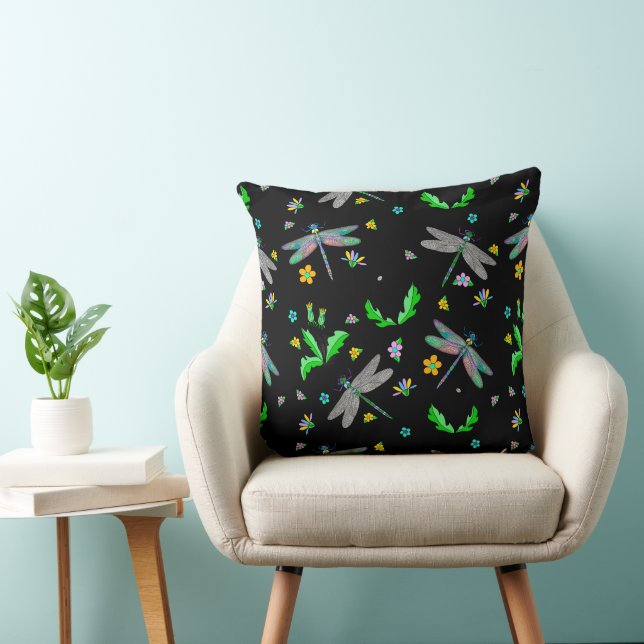 Coussin Dragonflies Whimsical et Dandelions main tiré (Chaise)