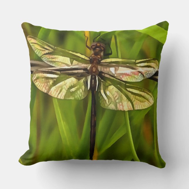 Coussin Dragonfly Artistique En Brown Et Jaune Sur Vert (Recto)