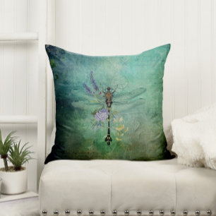 Coussin Dragonfly et Fleurs Vintages turquoises