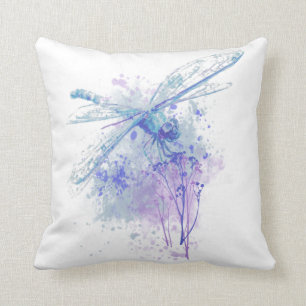 Coussin Dragonfly originale aquarelle dans Blue Mauve Natu