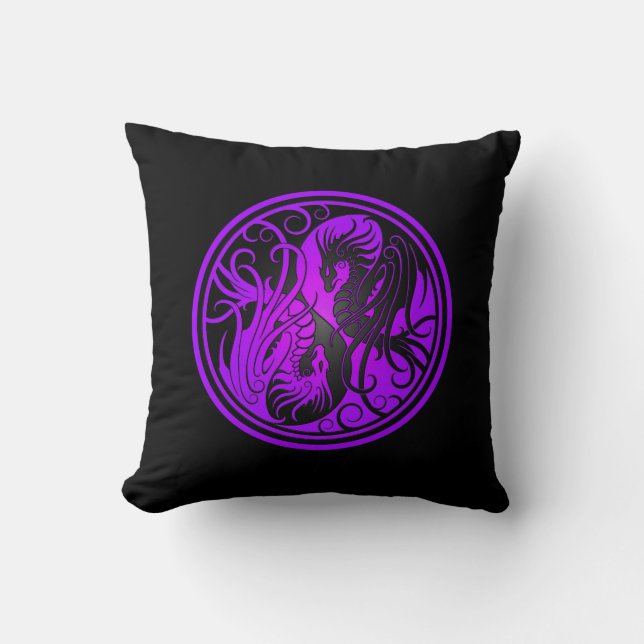 Coussin Dragons de Yin Yang de vol - pourpre et noir (Recto)