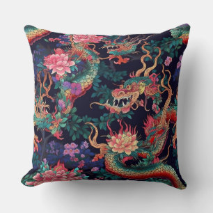 Coussin Dragons et fleurs de néon