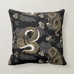 Coussin Dragons japonais Motif noir et or