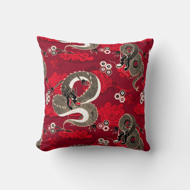 Coussin Dragons japonais Motif rouge et or (Recto)
