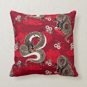 Coussin Dragons japonais Motif rouge et or