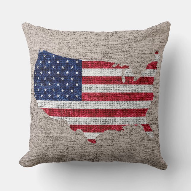 Coussin Drapeau américain et carte Burlap Linen Rustic Jut (Recto)