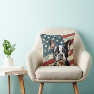 Coussin Drapeau américain Grunge Boston Terrier Dog