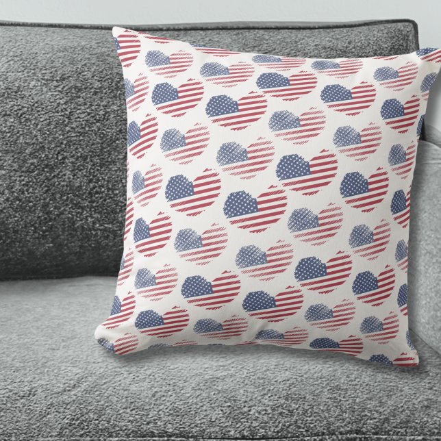 Coussin Drapeau américain Rouge Blanc Bleu Patriotique (Cute Patriotic American Flag Rustic Heart Pattern Throw Pillow)