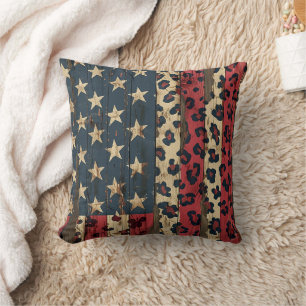 Coussin Drapeau américain rustique imprimé léopard (1)