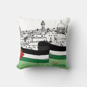 Coussin Drapeau de Palestine et vieilles maisons dessinées