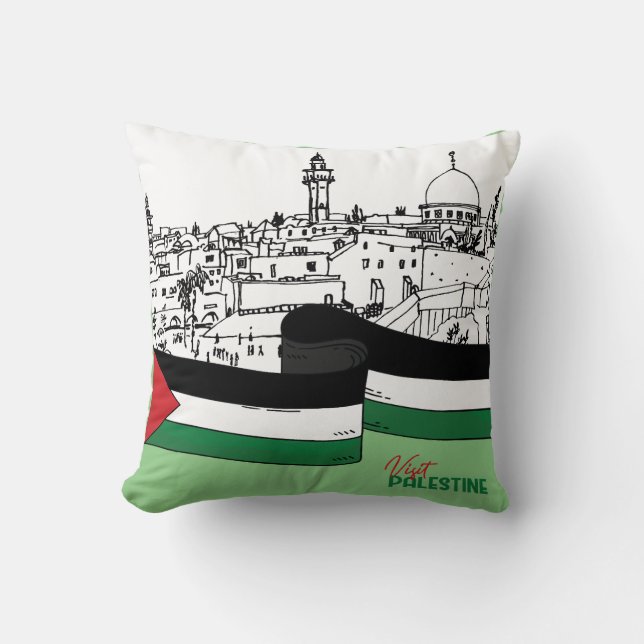 Coussin Drapeau de Palestine et vieilles maisons dessinées (Recto)