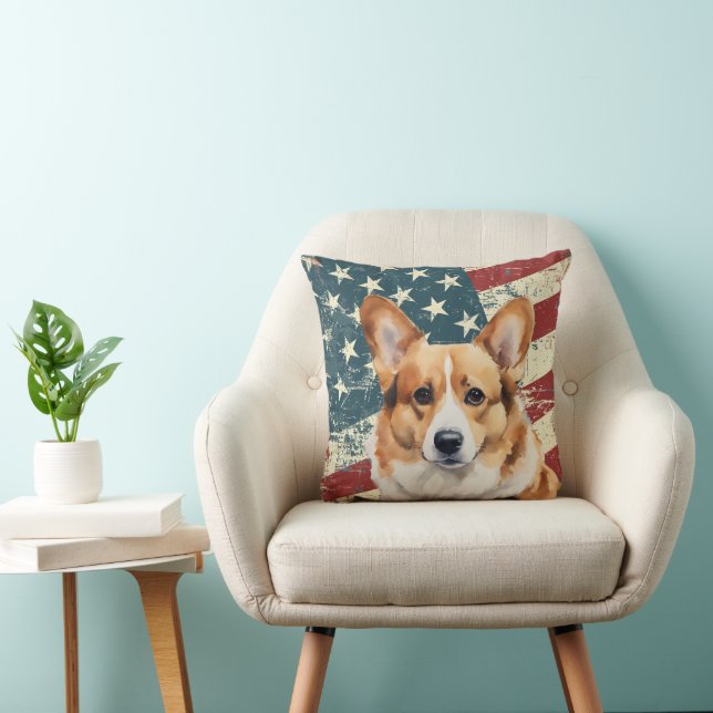 Coussin Drapeau Grunge USA Corgi Chien (Chaise)
