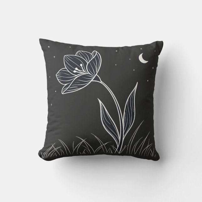 Coussin Dreamlit Moonlit Flower Line Art avec étoiles (Recto)