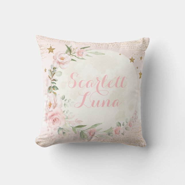 Coussin Dreamy Moon & Stars Blush Pink Gold Floral Nursery (Recto)