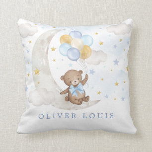 Coussin Dreamy Moon Teddy Bear Blue Gold Ballons Baby Boy