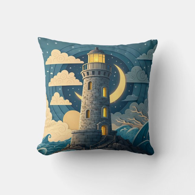 Coussin Dreamy Night Lighthouse Ocean Throw Pillow (Recto)