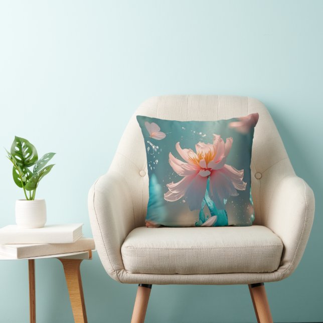 Coussin Dreamy Pink Lotus and Butterfly in Aqua Water (Chaise)
