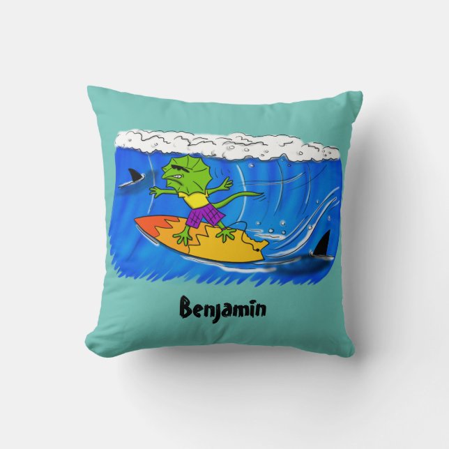 Coussin Drôle caricature de surf de lézard au cou (Recto)