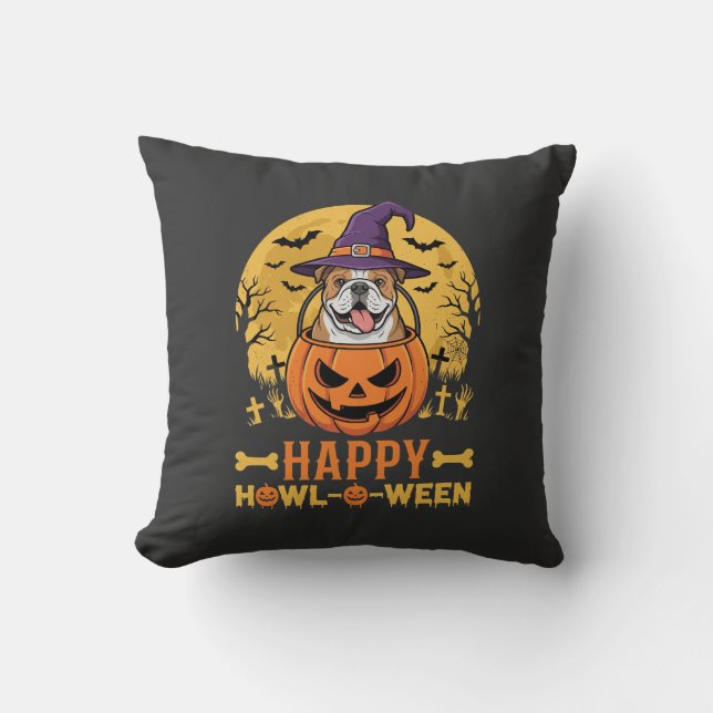 Coussin Drôle de Bouledogue Halloween Joyeux Howl-O-Ween V (Recto)