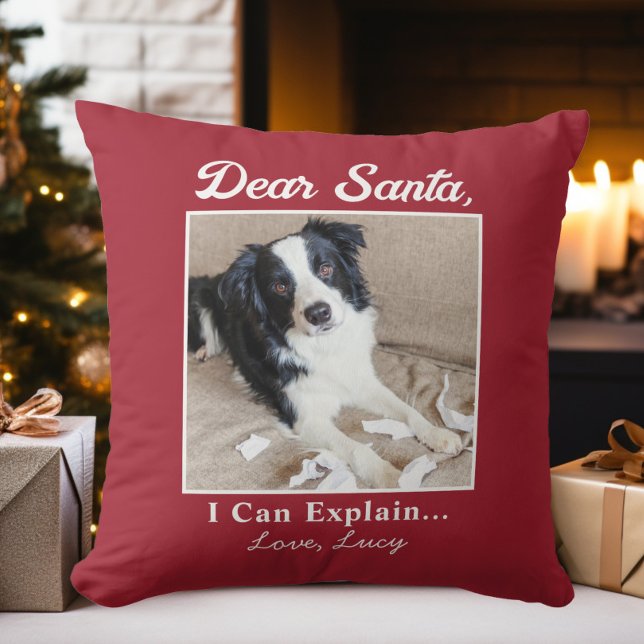 Coussin Drôle de chat de Noël Photo Dear Santa (Funny Dear Santa Cat Christmas Photo Throw Pillow)