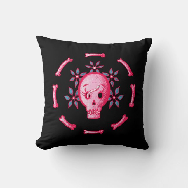 Coussin Drôle Design de crâne - Crâne rose avec ver heureu (Recto)