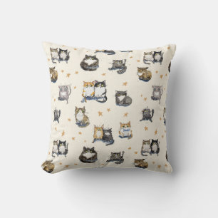 Coussin Drôle dessin animé Chats & étoiles sur crème, modè