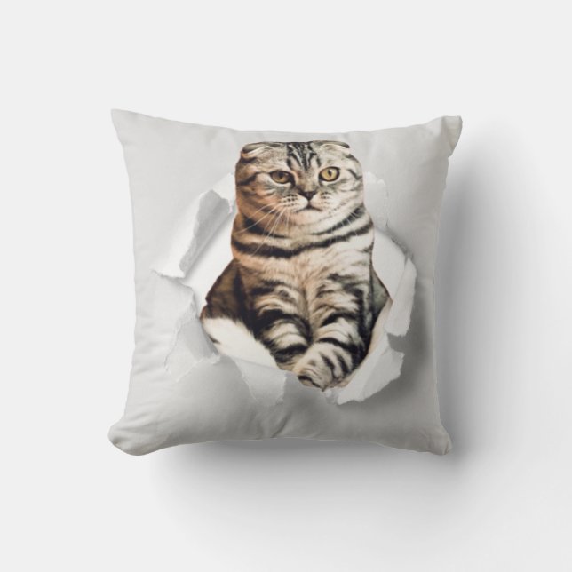 Coussin Drôle Gray Cat Popping à travers l'illusion du pap (Recto)