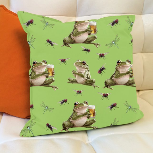Coussin Drôle grenouille et libellule Motif vert clair (Funny frogs, beer, flies and dragonflies in light green.)