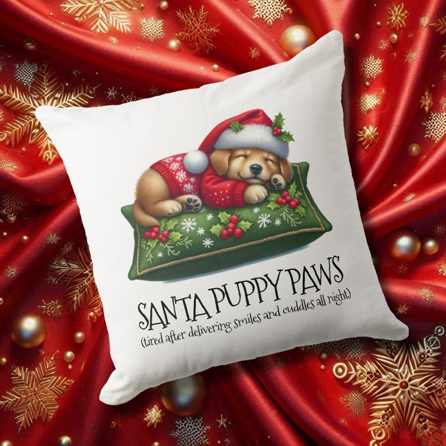 Coussin Drôle mignon Rêver Père Noël Puppy Paws (Santa Puppy Paws 20x20 Square Christmas Throw Pillow Cover Photo)