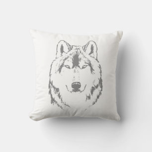 Coussin Drôle noir et blanc tête de loup croquis