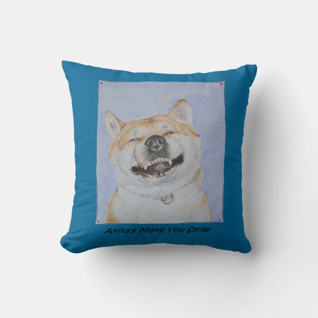 Coussin drôle photo de chien d'akita souriant avec slogan (Recto)